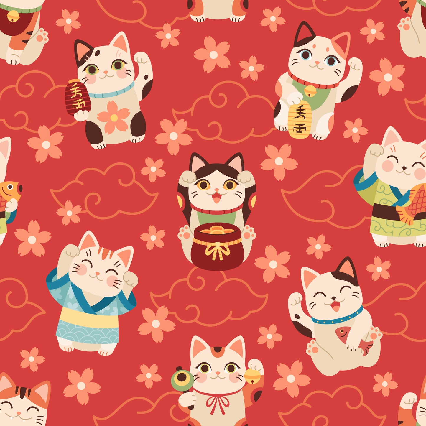 Tissu Coton Maneki-Neko Japonais – Porte-bonheur Fleuri