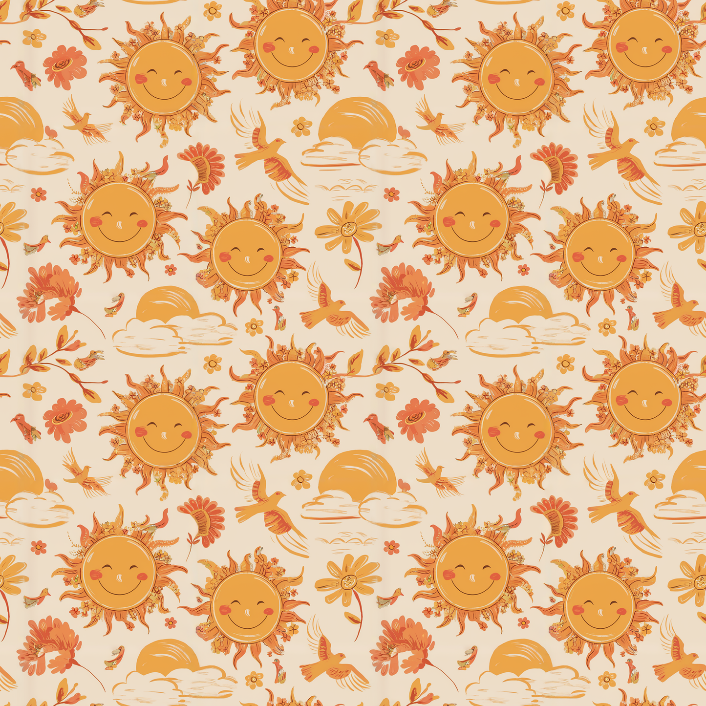 Tissu en coton Oeko-Tex – Motif Soleils Joyeux et Fleurs