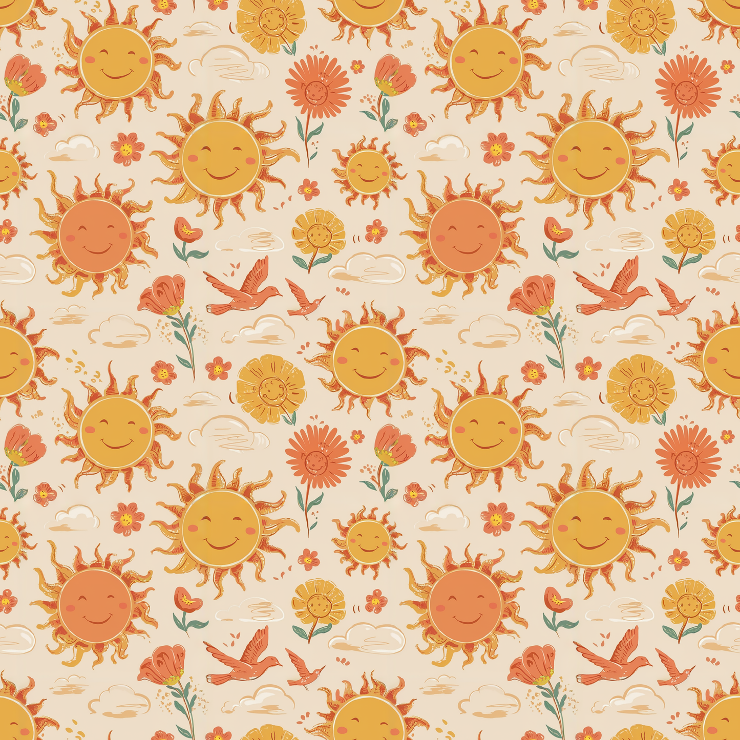 Tissu en coton Oeko-Tex – Motif Soleils Joyeux et Fleurs