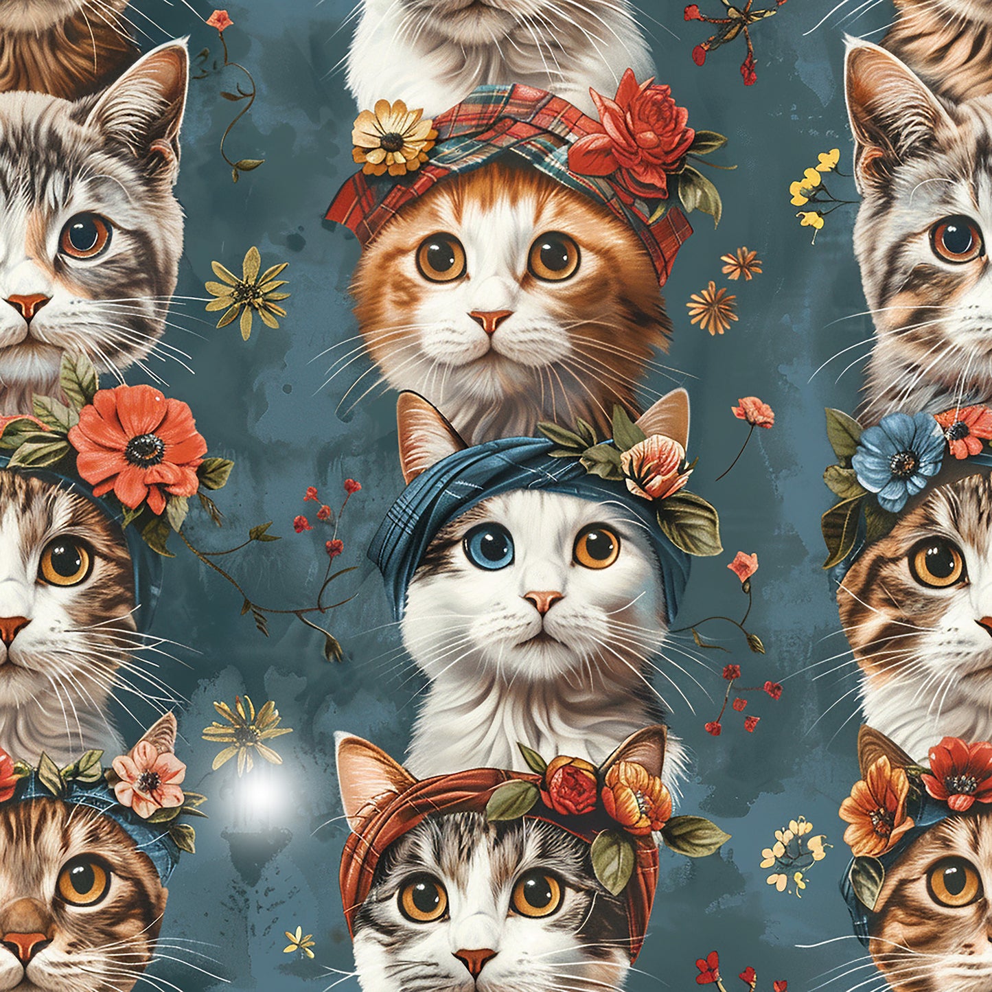 Tissu Chats Fleuris Oeko-Tex
