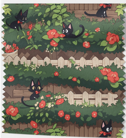 Tissu Premium Coton - Motif Chats Noirs et Fleurs