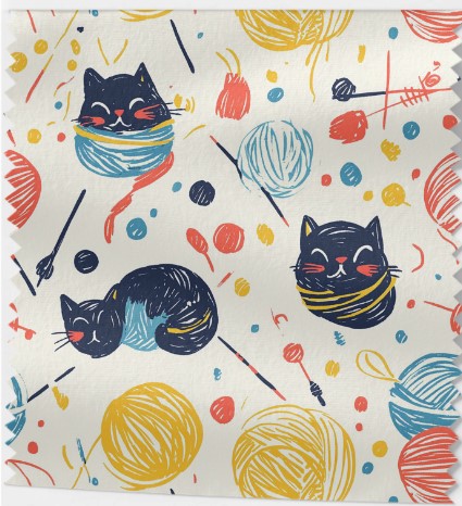 Tissu Chats et Pelotes de Laine