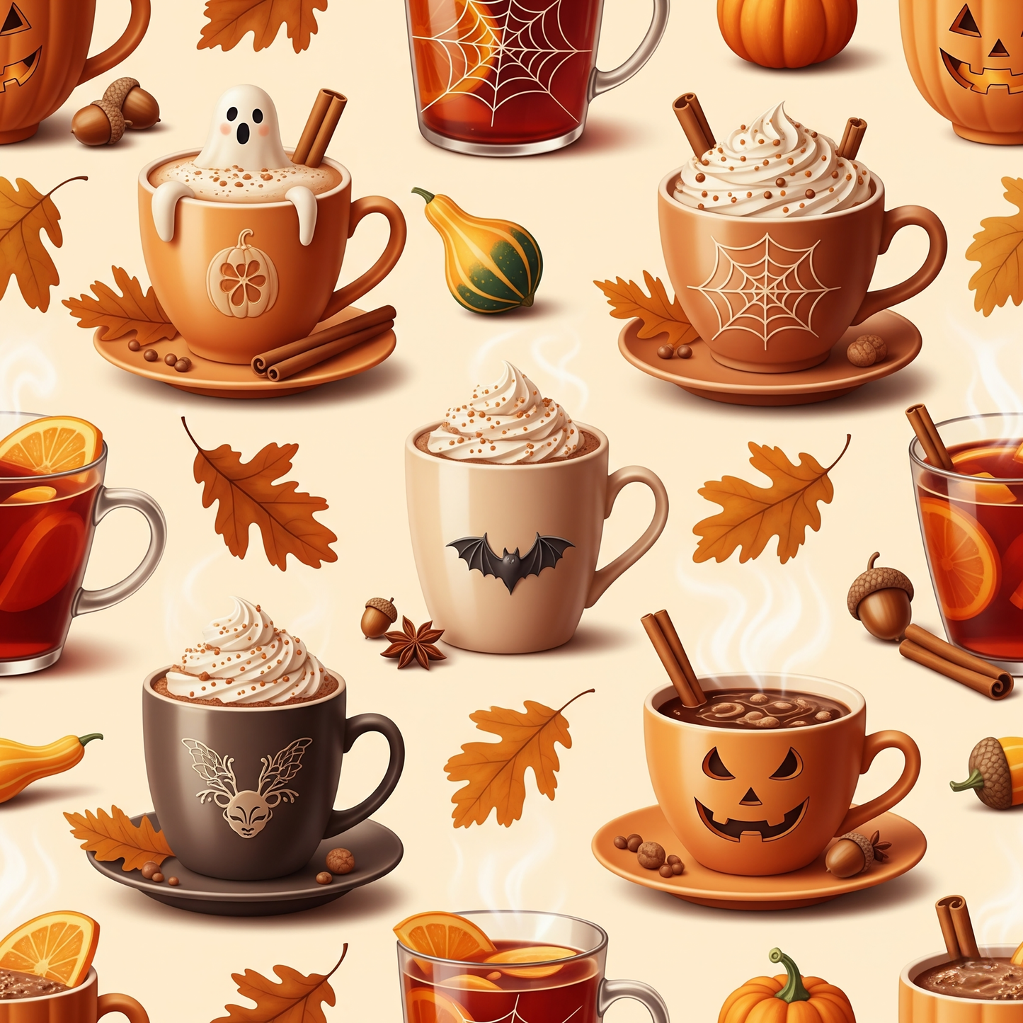 Tissu 100% Coton Oekotex - Motifs Tasses Thème Automne