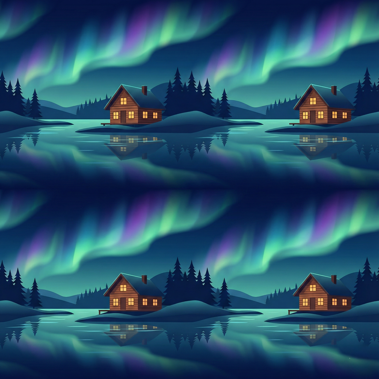 Tissu "Aurores Boréales & Chalet" - Coton Oeko-Tex