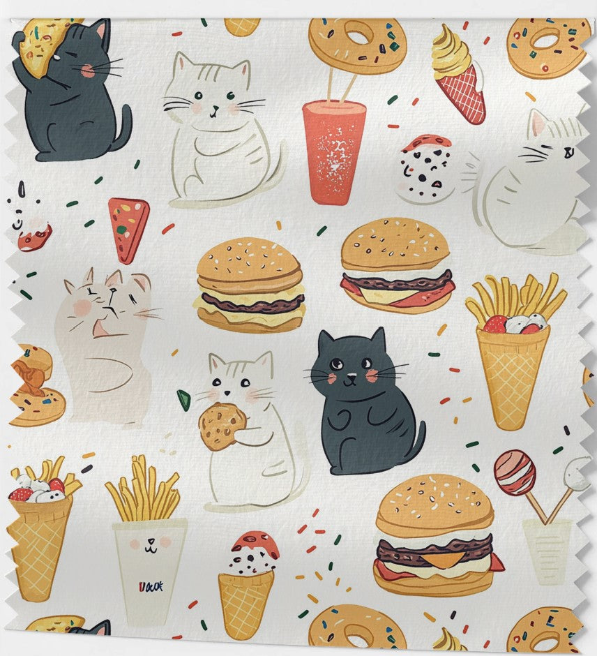 Tissu Motif Chats et Fast Food
