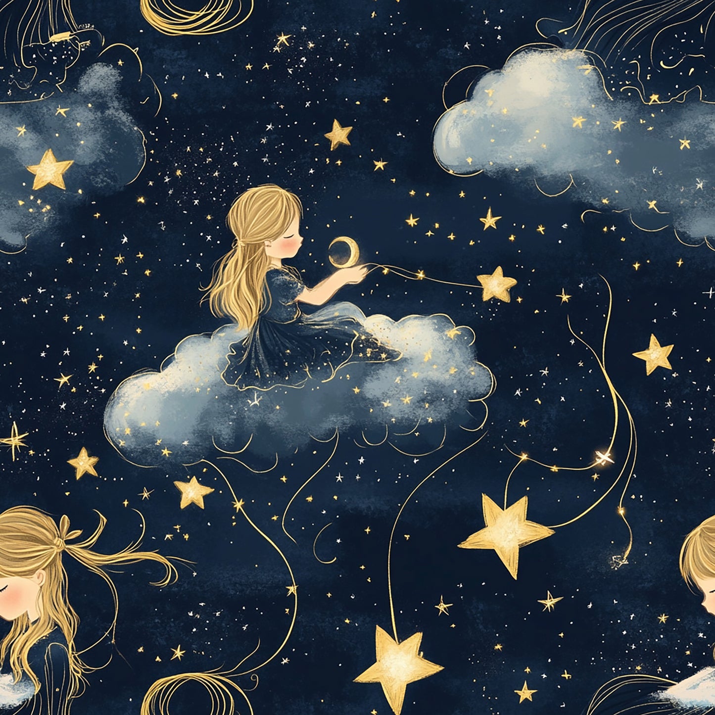 Tissu Nuit Étoilée et Enfant Rêveur