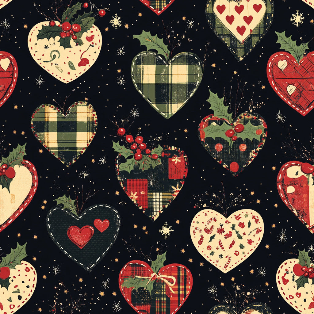 Tissu "Cœurs de Noël Rustiques"