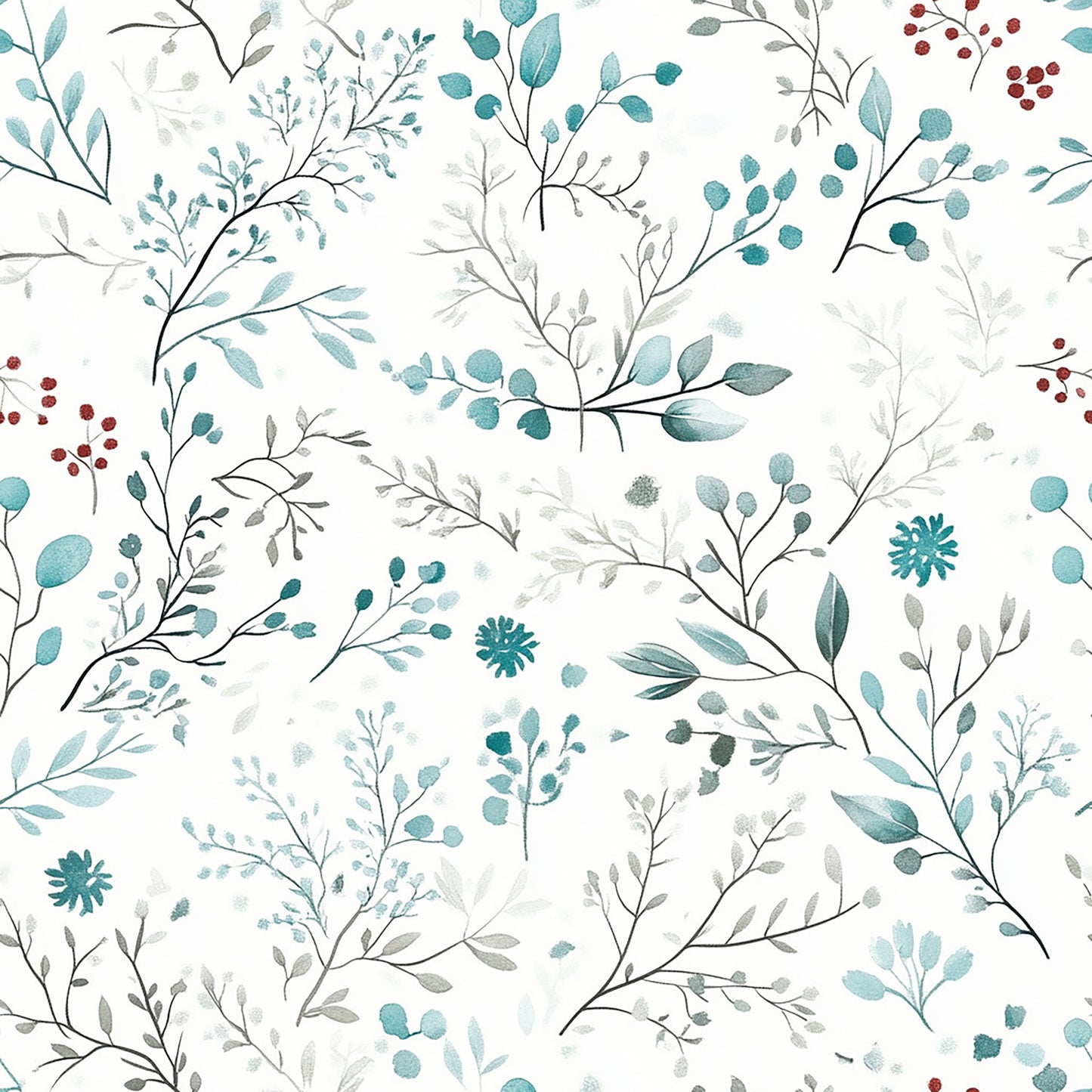 Tissu "Branches hivernales et baies rouges"