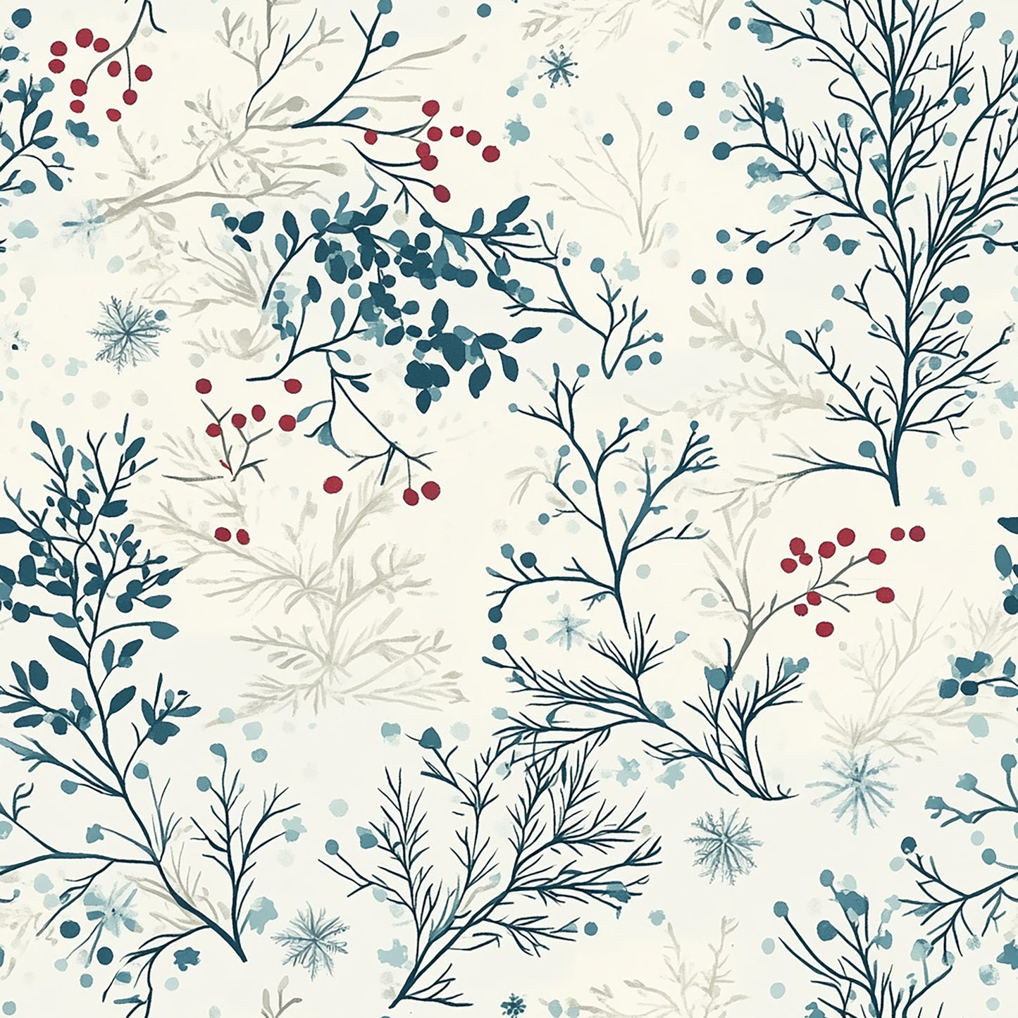 Tissu "Branches hivernales et baies rouges"
