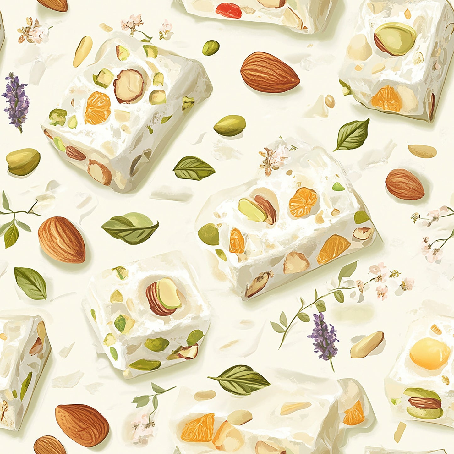 Tissu Oeko-Tex Gourmandise – Nougat, Amandes Douceurs Florales