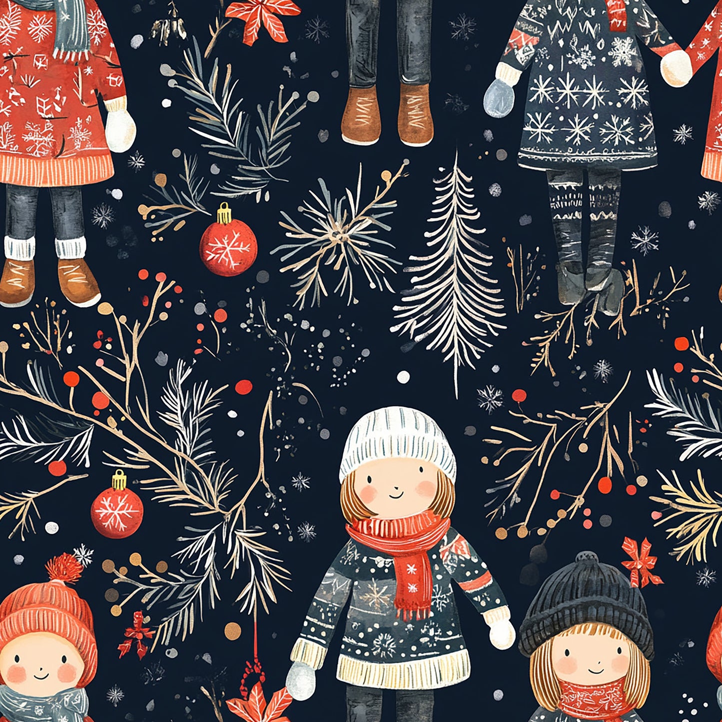 Tissu Imprimé en Coton - Scène d'Hiver Enfants & Amitié