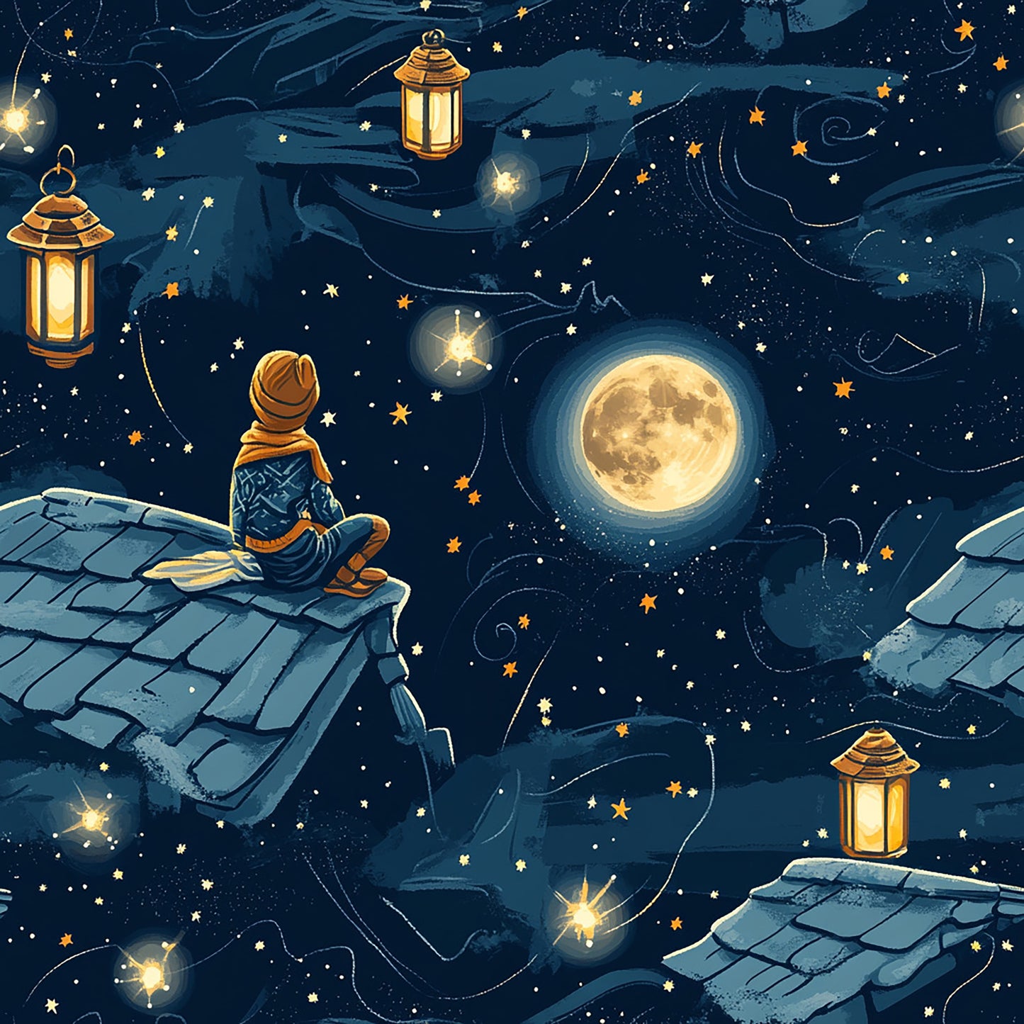 Tissu Nuit Étoilée et Enfant Rêveur