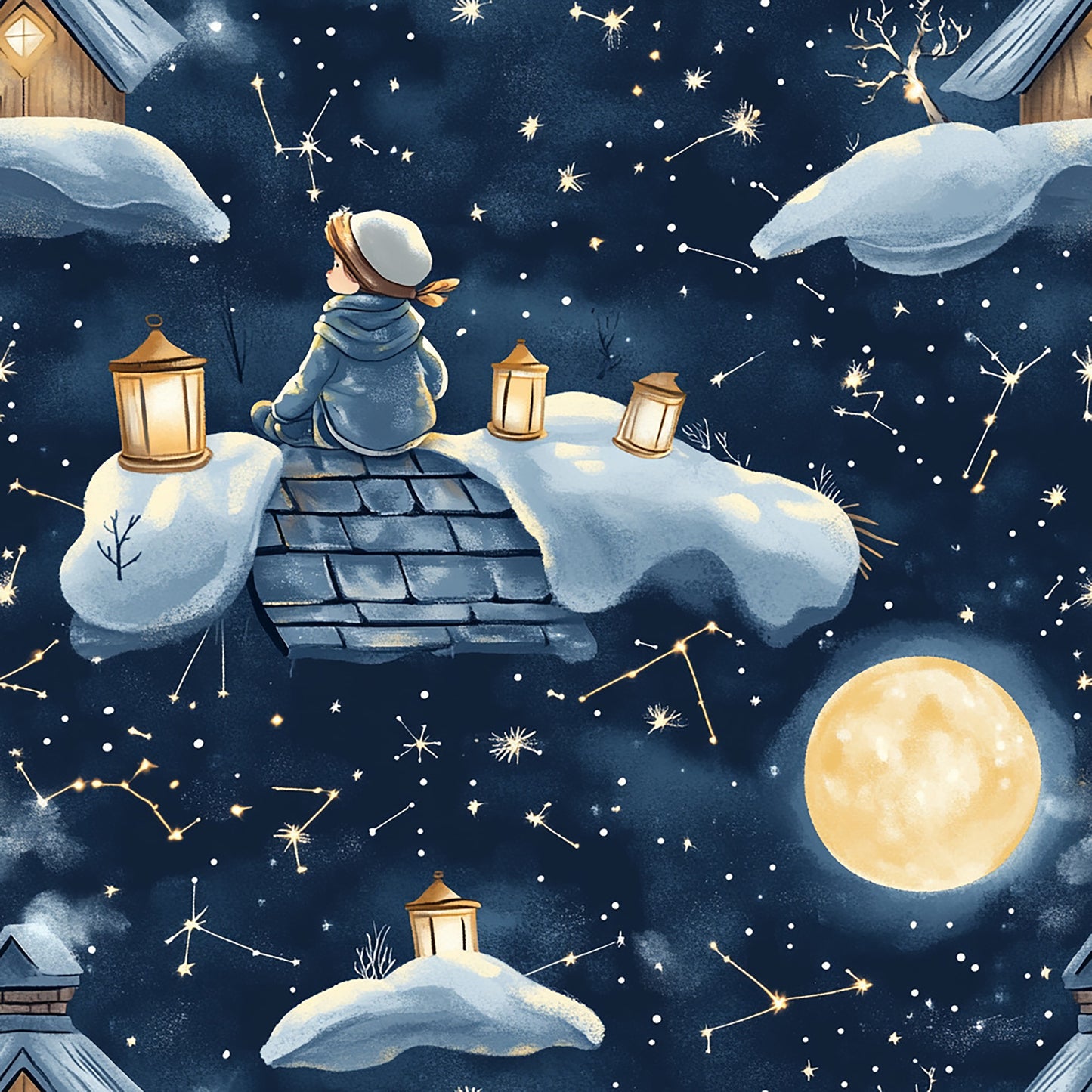 Tissu Nuit Étoilée et Enfant Rêveur