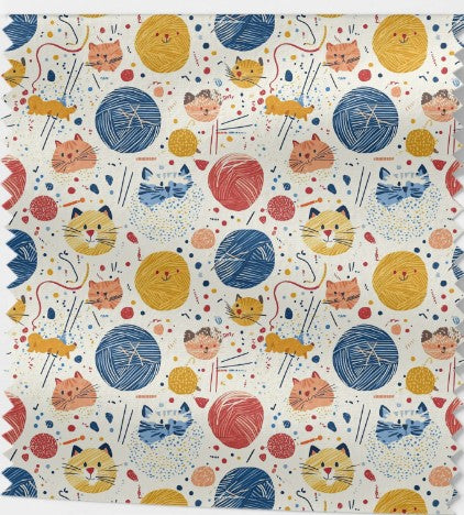 Tissu Chats et Pelotes de Laine