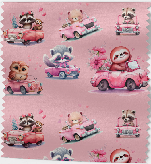 Tissu Prenium Animaux voiture rose Oeko-Tex