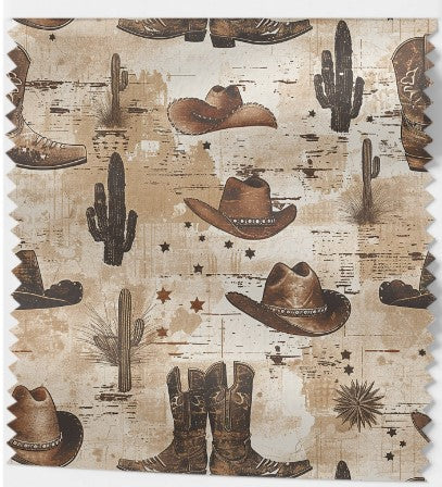 Tissu Imprimé Western Écologique - Chapeaux et Bottes de Cowboy