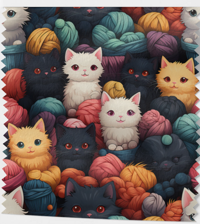 Tissu Chats et Pelotes de Laine