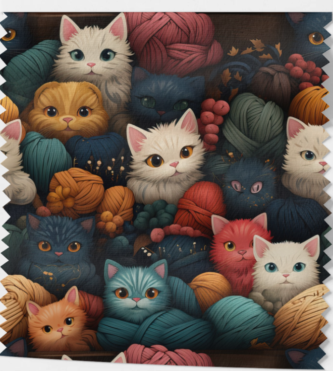 Tissu Chats et Pelotes de Laine