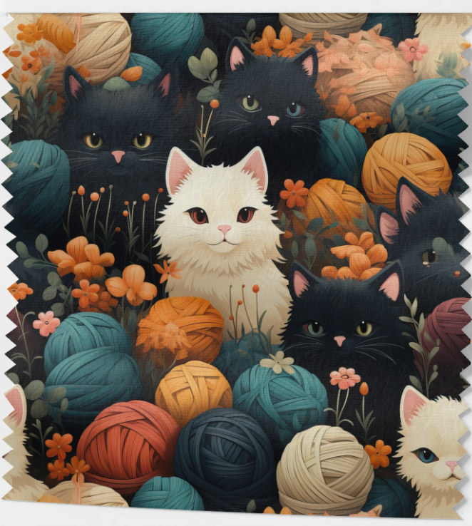 Tissu Chats et Pelotes de Laine