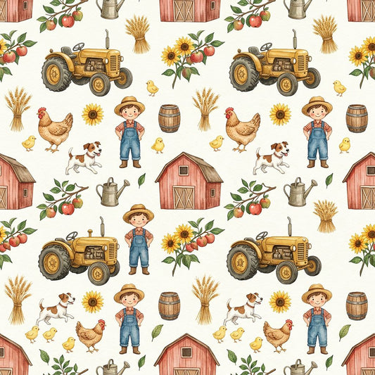 Tissu coton – La Petite Ferme – Tracteurs, animaux & tournesols