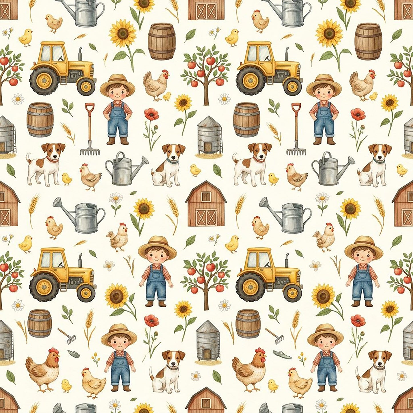 Tissu coton – La Petite Ferme – Tracteurs, animaux & tournesols