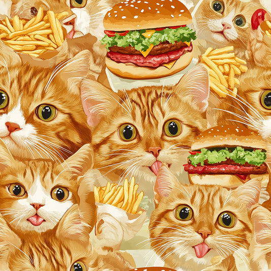 Tissu Coton Chats Roux Gourmands et Burgers – 100% OEKOTEX