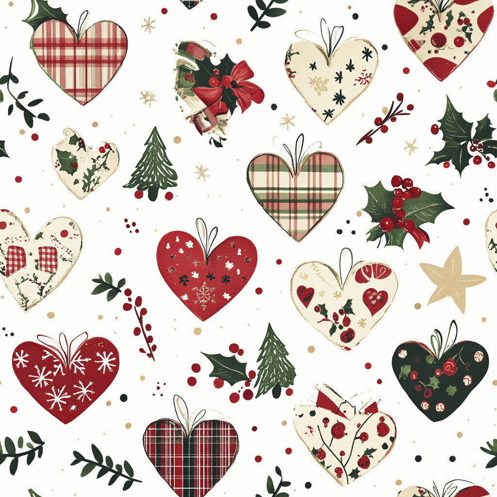 Tissu "Cœurs de Noël Rustiques"