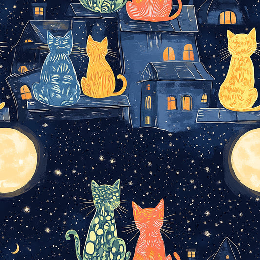🌙 Tissu Chats sous la Lune - 100% Coton OEKOTEX