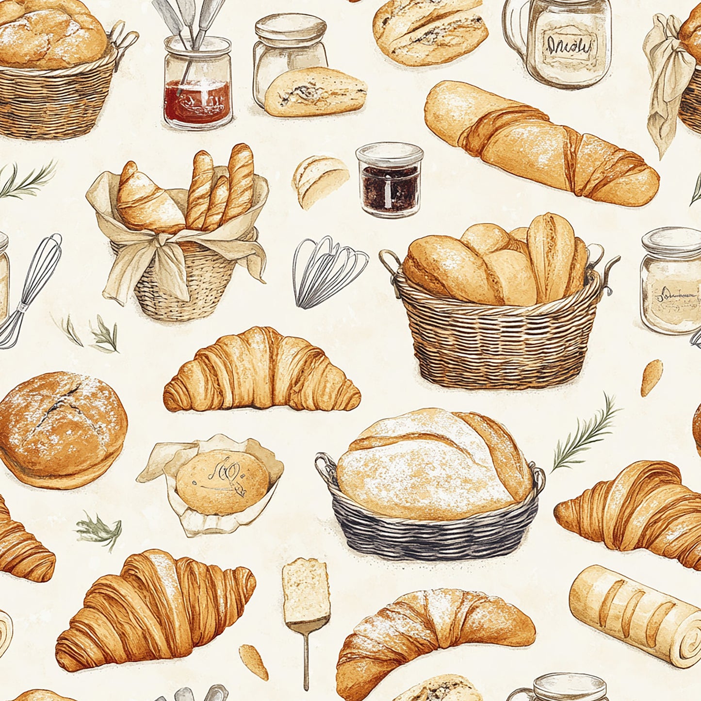 Tissu Motif Pain et Paniers de Boulangerie – Vendu au Mètre