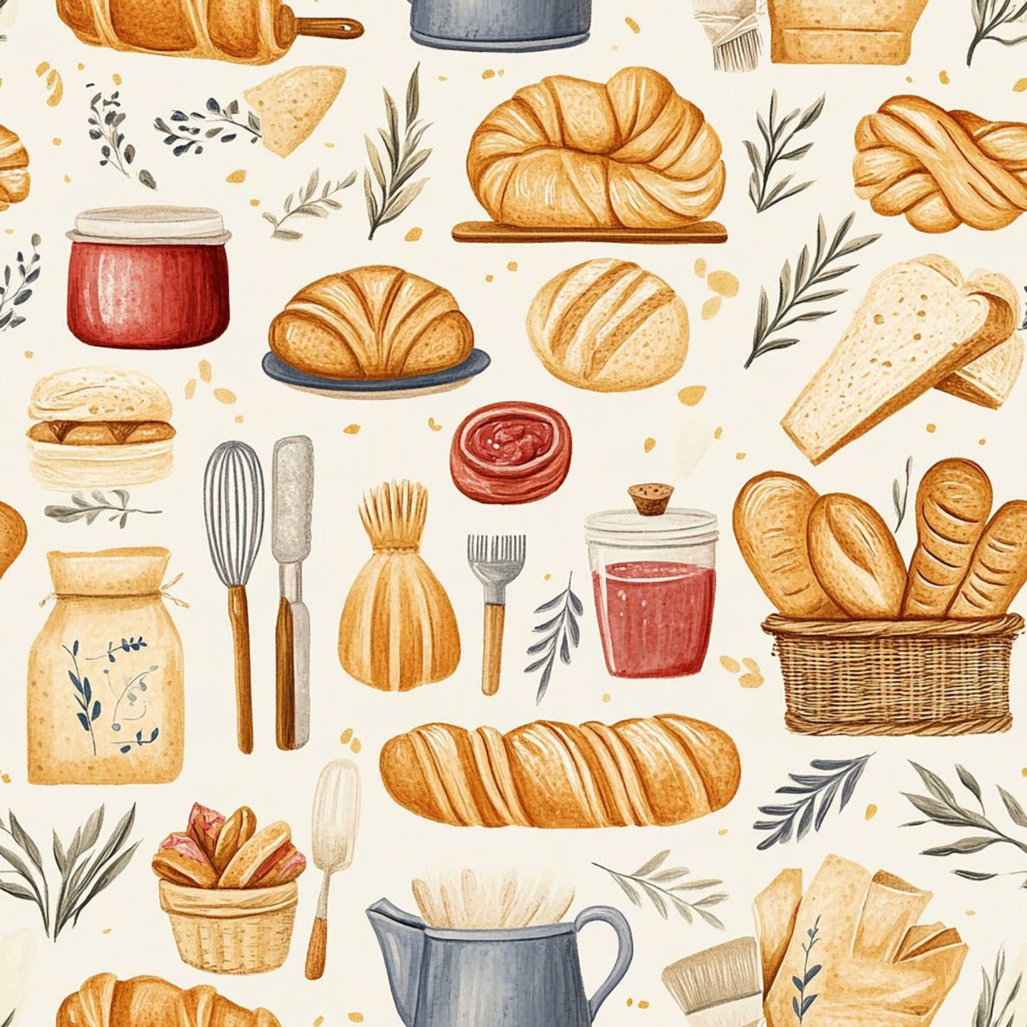 Tissu Motif Pain et Paniers de Boulangerie – Vendu au Mètre