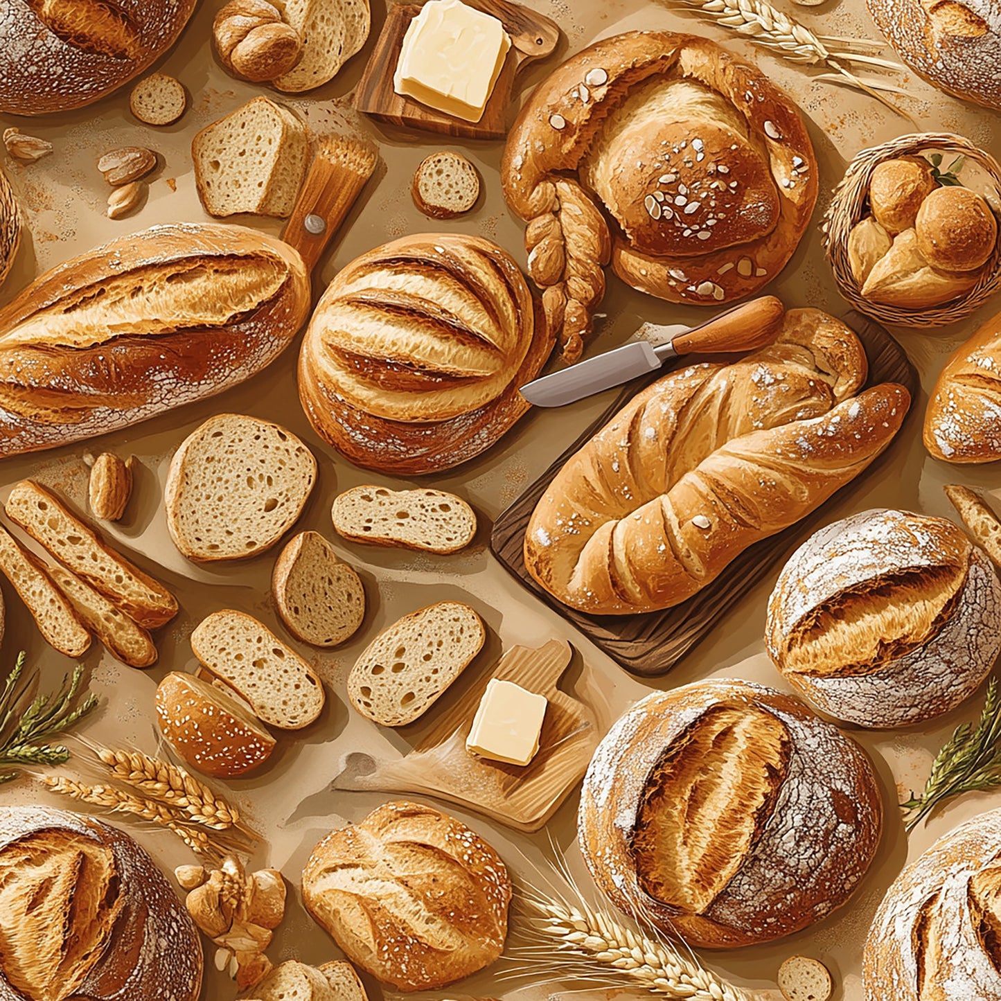 Tissu Motif Pain et Paniers de Boulangerie – Vendu au Mètre