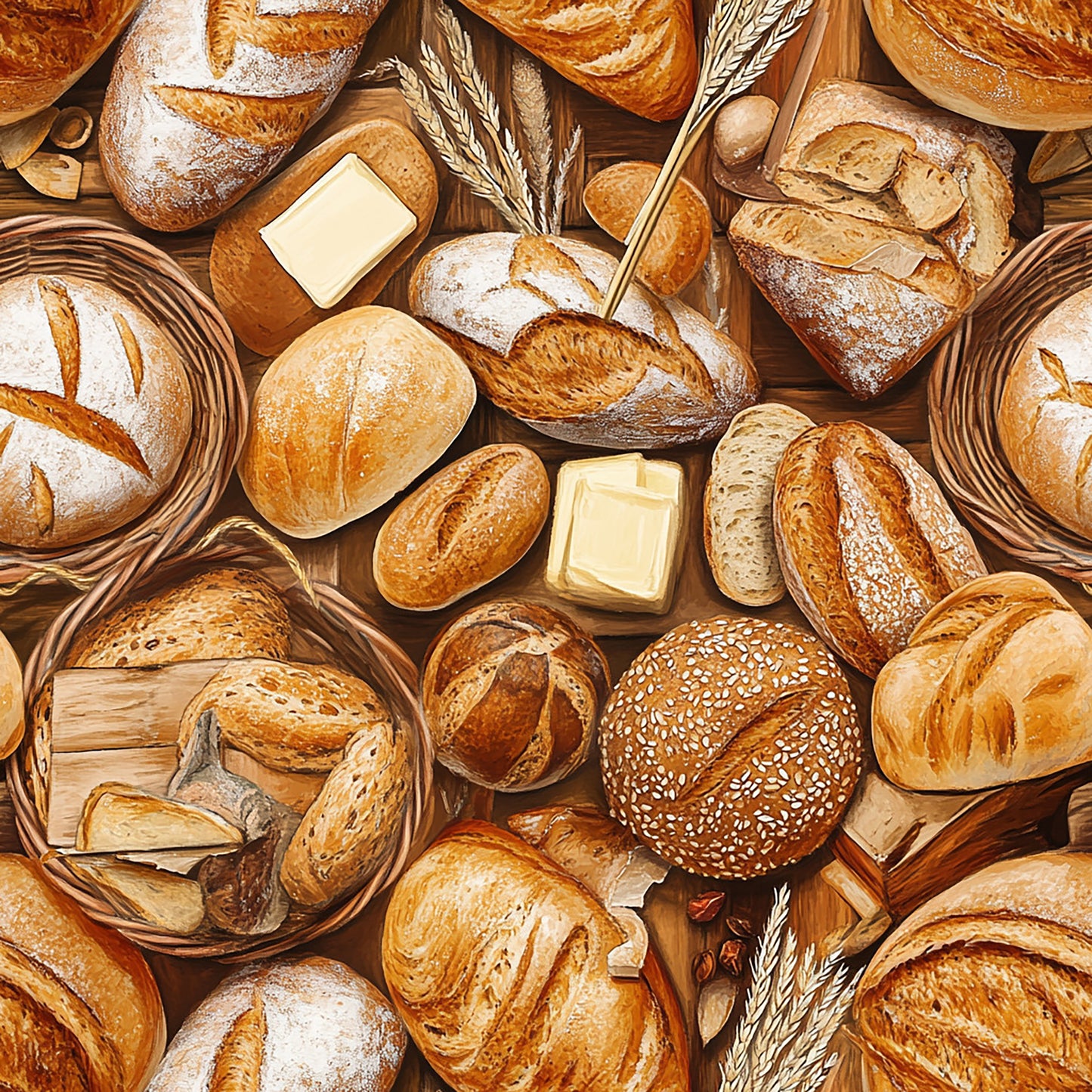 Tissu Motif Pain et Paniers de Boulangerie – Vendu au Mètre