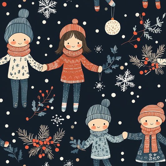 Tissu Imprimé en Coton - Scène d'Hiver Enfants & Amitié