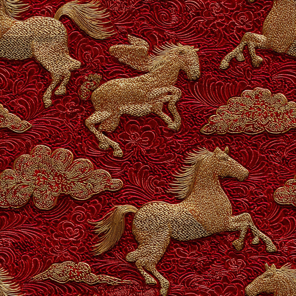 Tissu Nouvel An Chinois 2026 – Motif Chevaux Dorés & Nuages