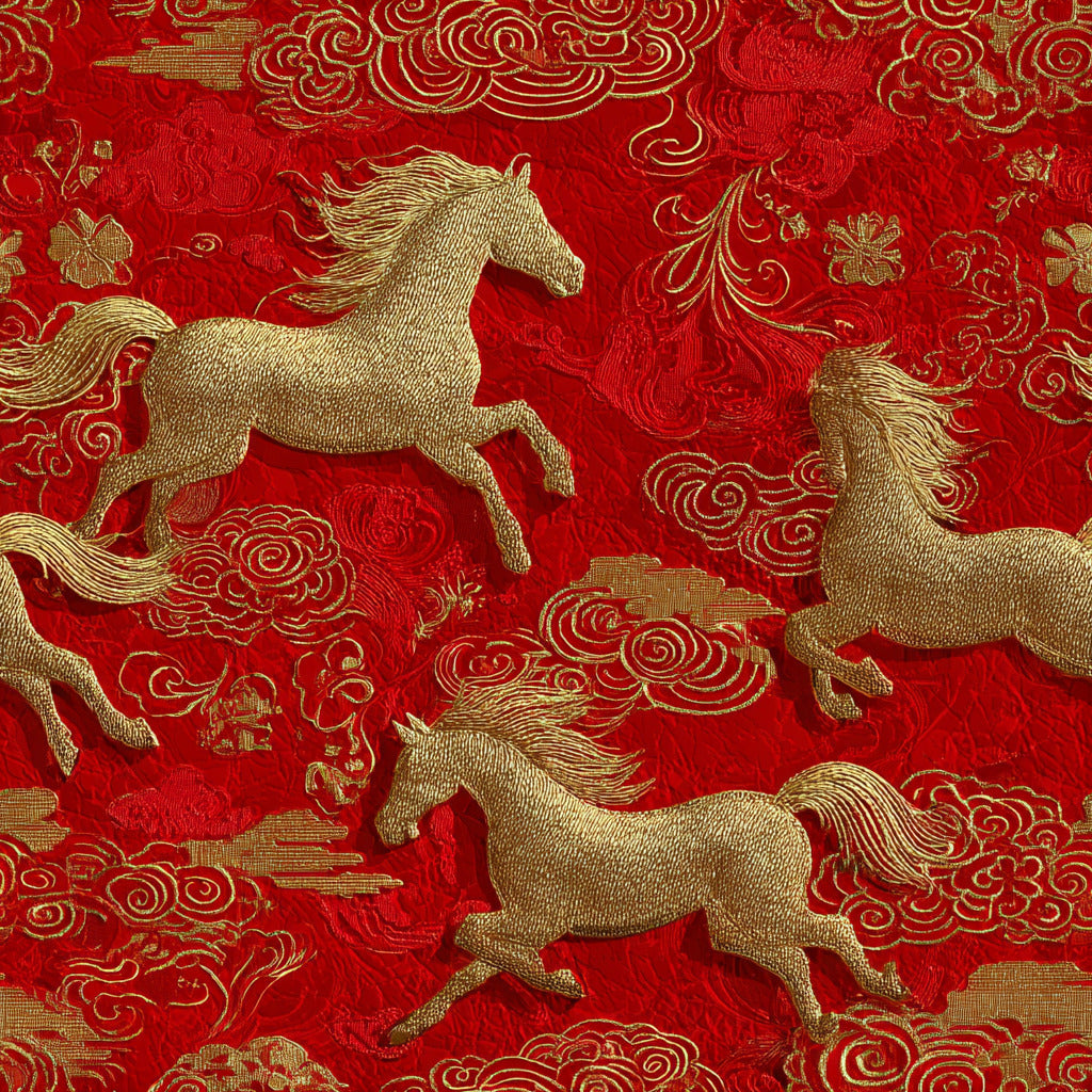 Tissu Nouvel An Chinois 2026 – Motif Chevaux Dorés & Nuages