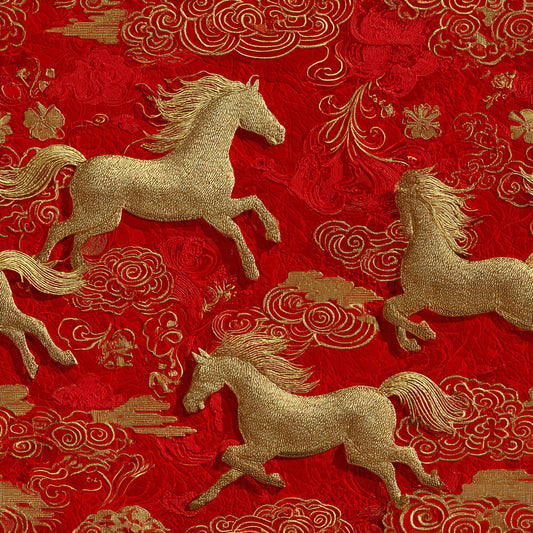 Tissu Nouvel An Chinois 2026 – Motif Chevaux Dorés & Nuages