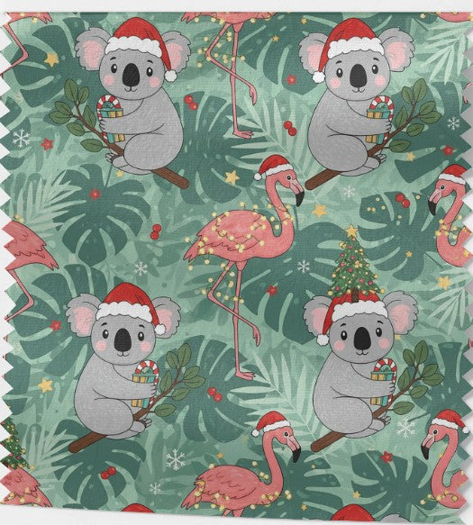 Tissu 100% coton OEKO-TEX – Noël Tropical : Koalas & Flamants Roses